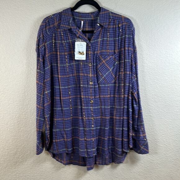Free People Break My Stride Metallic Plaid Oversized Button Down Violet XS - Picture 4 of 11